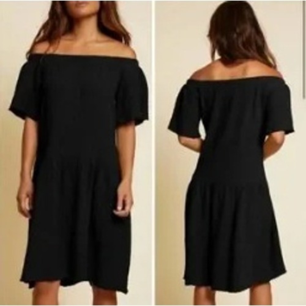Nation LTD Black Cotton Gauze Off Shoulder Mini Dress XS Made in USA Frayed Hem